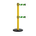 Montour Line Retractable Belt Dbl Rolling Stanchion, 2.5ft Yellow Post  9ft. Grn/Wh MSE630D-YW-GWD-90